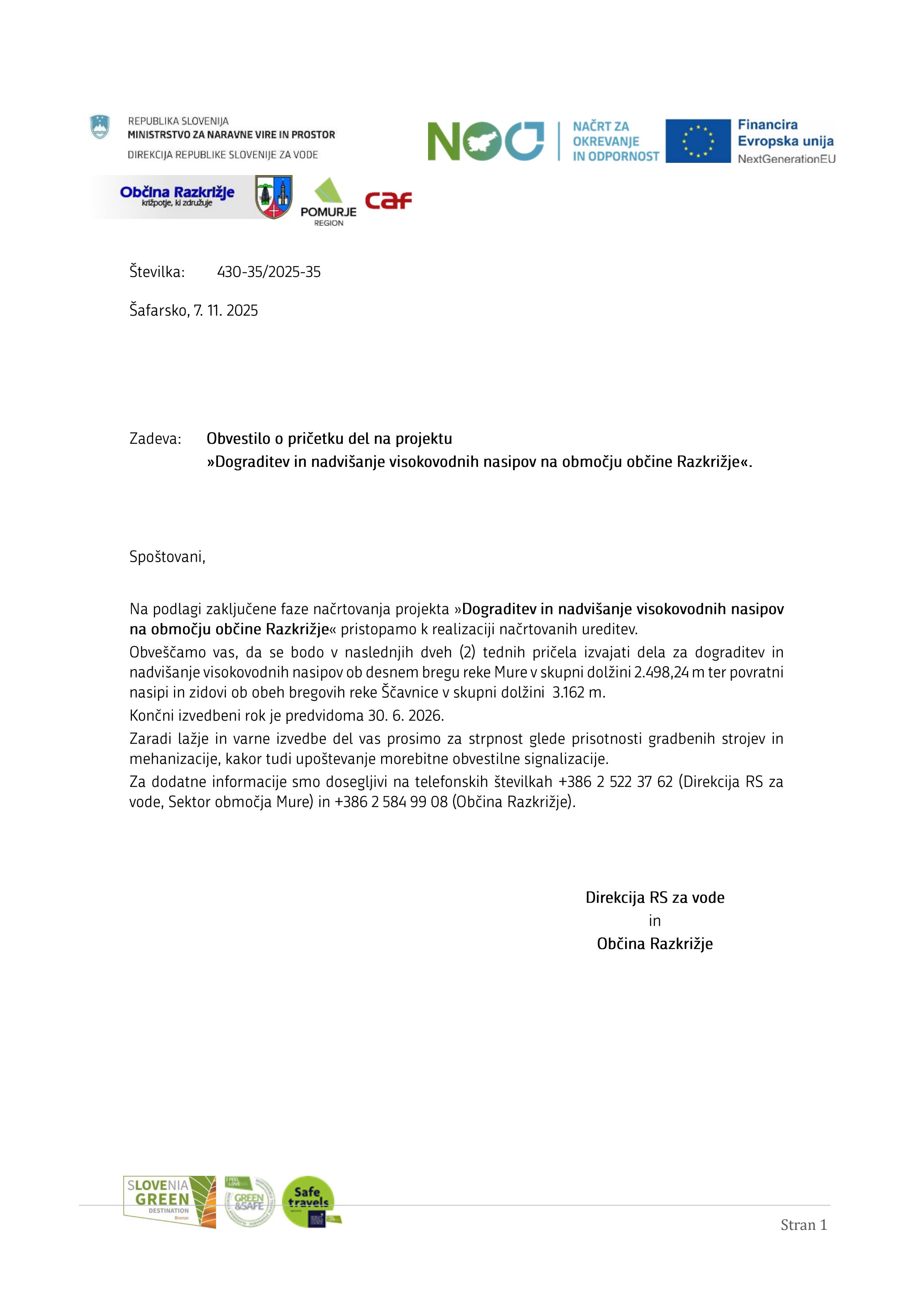 Obvestilo o pričetku del